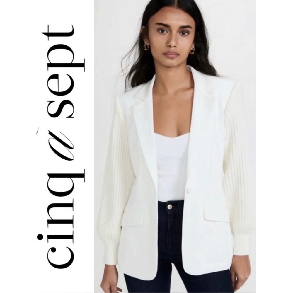 cinq a Sept NWOT Melina Crepe Blazer Ivory White Ribbed Merino Sleeve Sz 10 READ